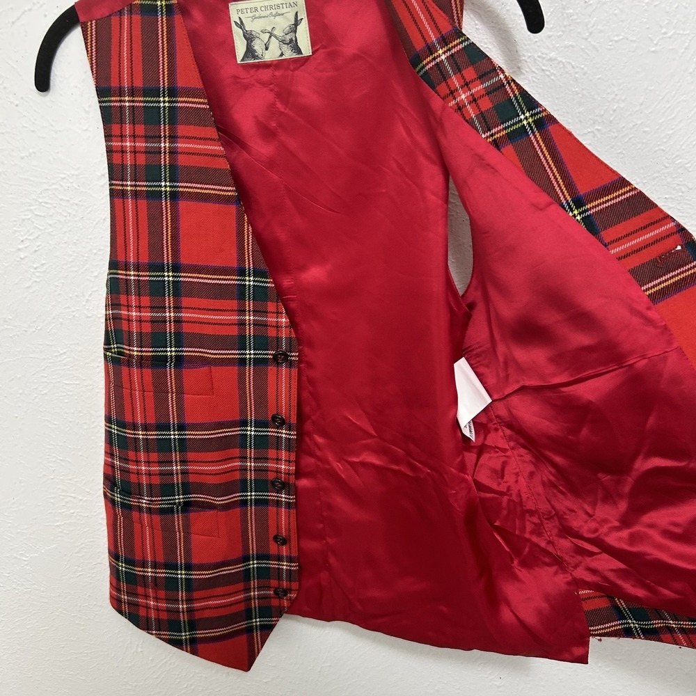 Peter Christian Wool Waistcoat Vest Red Tartan Plaid 5 Button John Hanly Sz 36R - Picture 7 of 9